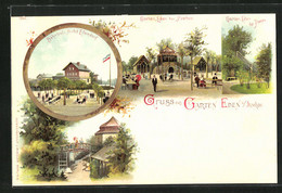 Lithographie Itzehoe, Bahnhofs-Hotel  Edendorf, Cafe-Garten Eden - Itzehoe