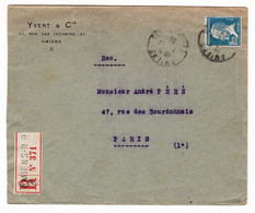 Lettre 1928 Recommandée Pasteur 1F50 Amiens Somme Yvert & Cie 37 Rue Des Jacobins - 1922-26 Pasteur