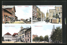 AK Itzehoe, Bahnhof Mit Passagieren, Hotel In Der Bahnhofstrasse, Markt Mit Rathaus - Itzehoe