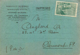 MONACO - IMPRIME OFFICIEL PRINCIPAUTE De MONACO Adressé à CLERMONT-FERRAND FRANCE - 1942 - TRES BON ETAT - Storia Postale