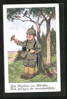 Künstler-AK P. O. Engelhard (P.O.E.): Kleiner Soldat Mit Vögeln Im Wald - Engelhard, P.O. (P.O.E.)