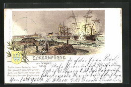 Lithographie Eckernförde, Seeschlacht Um Die Stadt, Fort Beschiesst Ein Segelschiff - Eckernfoerde