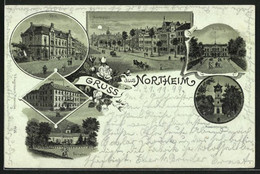 Mondschein-Lithographie Northeim, Hotel Sonne, Bahnhof, Post, Marktplatz - Northeim