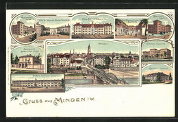 Lithographie Minden I. W., Ortsansicht, Marienwall-Kaserne, Neue Artillerie-Kaserne, Bahnhofskaserne, Garnison-Lazarett - Minden