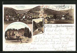 Lithographie Bad Lauterberg I. H., Burghof Ruine Scharzfels, Grosser Knollen, Gesamtansicht, Kupferhütte - Bad Lauterberg