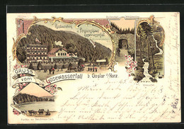 Lithographie Goslar / Harz, Restaurant-Pension Gosewasserfall, Stollenpfad, Herzberger Teich - Herzberg