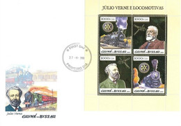 Guinea Bissau 2005, 100th J. Verne, Rotary, Satellite, Train, 4val In BF GOLD In FDC - Afrika