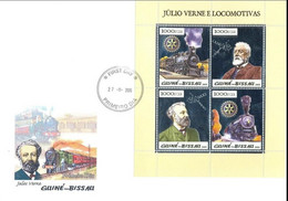 Guinea Bissau 2005, 100th J. Verne, Rotary, Satellite, Train, 4val In BF SILVER In FDC - Afrika