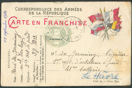 Carte Des Armée Françaises En Franchise Au Drapeaux, Obl. Cachet Négatif Bleu Vers Le Havre Le 11 Septembre 1944 Vers 41 - Other & Unclassified