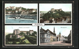 AK Pirna, Schloss Sonnenstein, Marktplatz Und Elbdampfer - Pirna