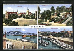 AK Riesa, Rathaus, Stadtpark, Elbbrücke & Landungsplatz - Riesa
