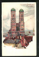 Künstler-AK Heinrich Kley: München, Aussenansicht Der Frauenkirche - Kley