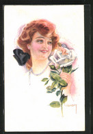Künstler-AK Luis Usabal: Lächelnde Rothaarige Frau Mit Engel Auf Einer Rosenblüte - Usabal