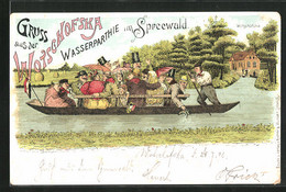 Lithographie Lübbenau, Gasthaus Wotschofska, Wasserpartie Im Spreewald, Gäste In Der Gondel - Lübbenau