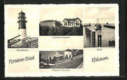 AK Büsum / Nordsee, Leuchtturm, Strand Mit Pavillon, Kurhotel Seegarten Und Mole - Büsum