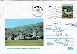 A9597- ROOSTER MONASTERY TULCEA NICULITEL ROMANIA COVER STATIONERY,CLUJ 2002 SENT TO TURDA CLUJ - Abbeys & Monasteries