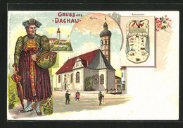 Lithographie Dachau, Kirche, Sonnenuhr, Frau In Tracht - Dachau