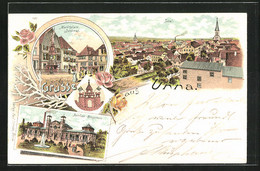 Lithographie Unna, Badehaus-Königshorn, Marktplatz Mit Denkmal, Totalansicht, Wappen - Unna