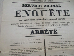 Affiche Gard 1878 Enquête Plan Pour La Traverse De St Victor De Lacoste Par Le Chemin Local N°1 D'Uzès à Orange état - Posters