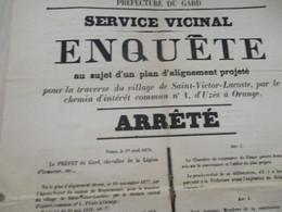 Affiche Gard 1878 Enquête Plan Pour La Traverse De St Victor De Lacoste Par Le Chemin Local N°1 D'Uzès à Orange état - Plakate