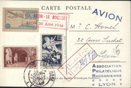 CP Recommandée Avion Aviation Vignette Propagande Aérienne Cachet Vol Bron Le Bourget Lyon 30 JUIN 46 YT 669 661 754 - 1960-.... Storia Postale