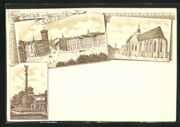 Lithographie Cottbus, Wasserturm Mit Sprembergerstrasse Aus Der Vogelschau, Kirche Mit Strasse, Siegesdenkmal - Spremberg