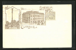 Lithographie Cottbus, Bürgerschule, Siegessäule - Cottbus