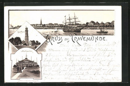 Vorläufer-Lithographie Travemünde, 1891, Totalansicht Mit Leuchtturm Und Strandpavillon - Lübeck-Travemuende