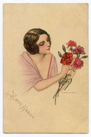 Illustrateur Nanni. Femme Art Deco, Bouquet D'oeillets. Woman - Nanni