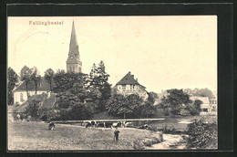 AK Fallingbostel, Ortspartie Mit Kirche Und Kühen - Fallingbostel