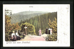 Lithographie Pöhl, Passanten Am Aussichtspunkt Mit Der Loreley Im Hintergrund - Poehl