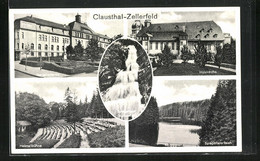 AK Clausthal-Zellerfeld, Bergakademie, Heimatbühne, Holzkirche, Spiegeltalerteich, Spiegeltaler Wasserfall - Clausthal-Zellerfeld
