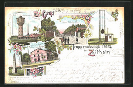 Lithographie Zeithain, Kaiser Wilhelm Allee, Offizierscasino, Wasserwerk - Zeithain