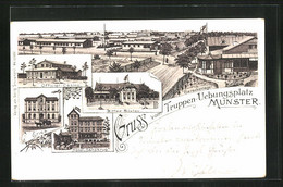 Lithographie Munster, Hotel Sandkrug, Panorama Vom Barackenlager, Villa Erica, Offizier-Casino - Munster