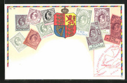 Lithographie Landkarte Westeuropa U. Nordafrika, Briefmarken Von Gibraltar, Wappen Mit Krone, Löwen Und Harfe - Stamps (pictures)
