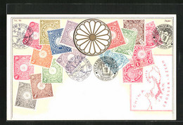 Lithographie Briefmarken Von Japan, Landkarte Ostasien, Wappen Mit Blüte - Stamps (pictures)