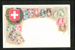 Künstler-AK Schweiz, Briefmarken Und Wappen - Briefmarken (Abbildungen)