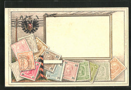 Präge-Künstler-AK Österreich, Briefmarken Und Doppelköpfiger Adler Mit Wappen - Briefmarken (Abbildungen)