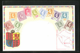 Künstler-AK Ceylon, Briefmarken Und Wappen, Landkarte Mit China, Indien Und Persien - Briefmarken (Abbildungen)