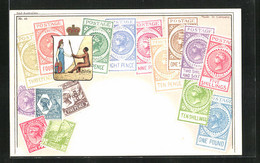 Künstler-AK Süd-Australien, Briefmarken Und Wappen - Briefmarken (Abbildungen)