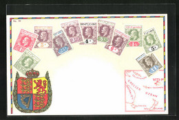 AK Briefmarken Und Wappen Von Den Fiji Inseln, Landkarte - Briefmarken (Abbildungen)