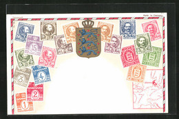 AK Briefmarken Und Wappen Von Dänemark Mit Landkarte - Stamps (pictures)