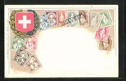 AK Briefmarken Und Wappen Der Schweiz - Briefmarken (Abbildungen)