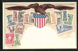 AK Verschiedene Briefmarken Und Wappen Der Vereinigten Staaten Von Amerika - Briefmarken (Abbildungen)