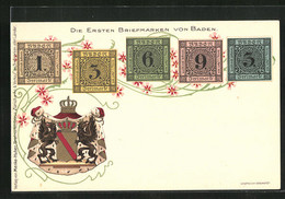 AK Die Ersten Briefmarken Von Baden Und Wappen - Briefmarken (Abbildungen)