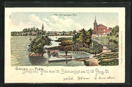 Lithographie Plön, Uferansicht Mit Ruderbooten Und Kirchblick, Gauturnfest 1901 - Plön