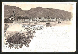 Lithographie Zell A. D. Mosel, Stadtansicht Mit Ufer, Marienburg - Zell