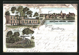 Lithographie Havelberg, Gasthof Schützenhaus Mühlenholz, Kanone, Teilansicht - Havelberg