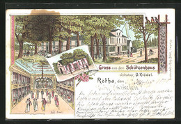 Lithographie Rötha, Gasthaus Schützenhof Mit Ball-Saal Und Turnhalle, Inh. O. Krödel - Roetha