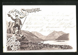 Lithographie Schliersee, Ortspanorama Mit Gebirgswand, Wanderer Grüsst Vom Berg Mit Seinem Hut - Schliersee